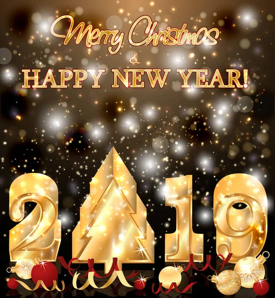 Feliz Natal Feliz Ano Novo 2019 Cartão Dourado Ilustração Vetorial — Vetor de Stock