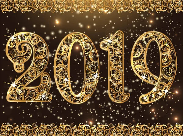 Felice Anno Nuovo Oro 2019 Carta Illustrazione Vettoriale — Vettoriale Stock