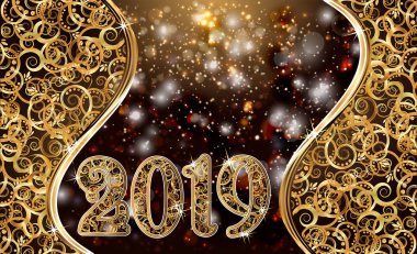 Altın yeni 2019 yılınız kutlu olsun afiş, vektör çizim