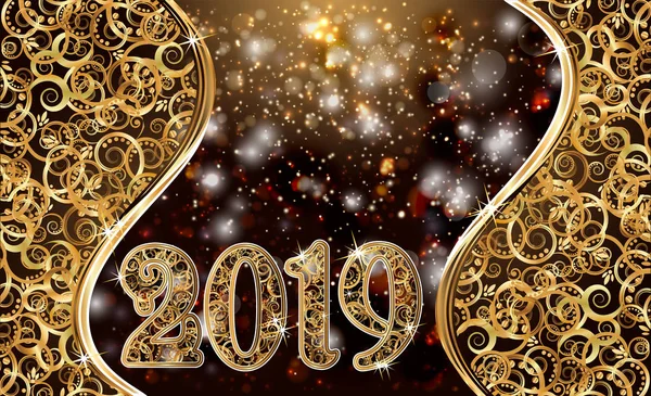 Felice Anno Nuovo Oro 2019 Banner Illustrazione Vettoriale — Vettoriale Stock