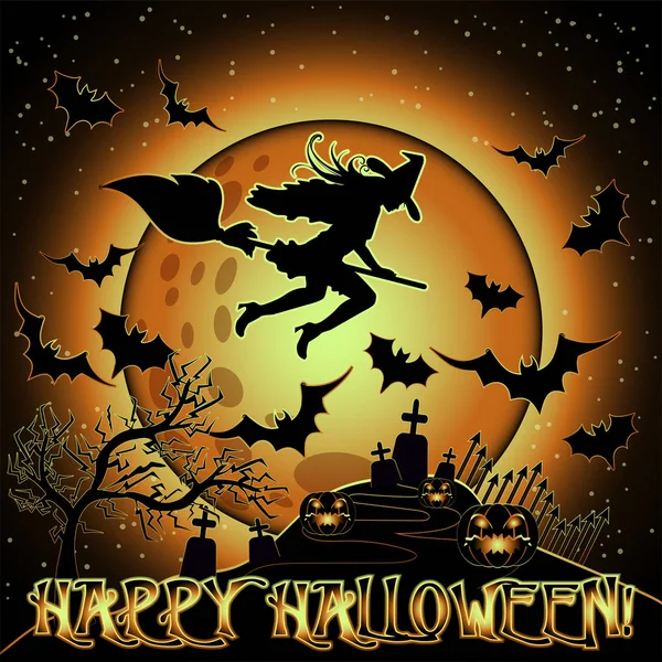 Happy Halloween Kaart Met Begraafplaats Heks Een Bezemsteel Vectorillustratie — Stockvector