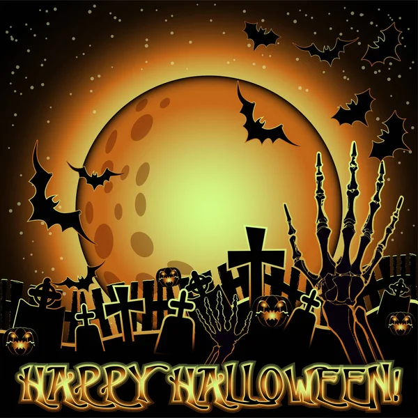 Feliz Cartão Halloween Com Cemitério Mão Zumbi Ilustração Vetorial — Vetor de Stock