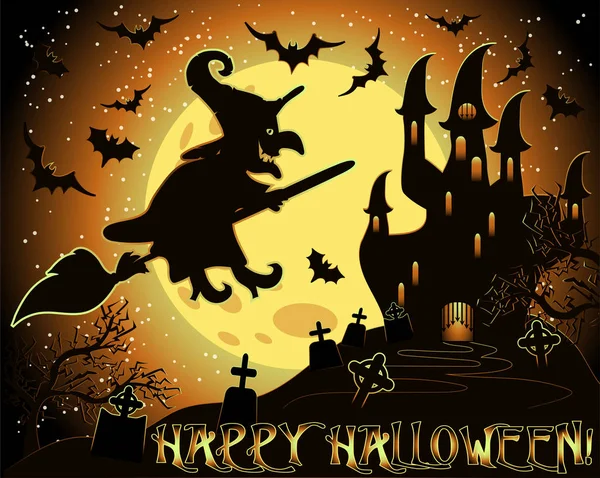 Felice Sfondo Halloween Con Strega Illustrazione Vettoriale — Vettoriale Stock