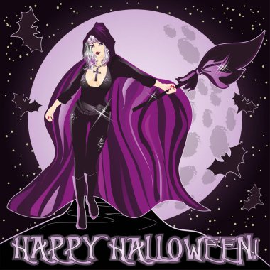 Mutlu Cadılar Bayramı daveti arka plan Genç Seksi cadı, vektör çizim ile