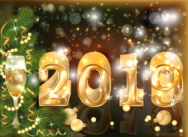 Χρυσή 2019 Νέο Έτος Ευχετήρια Κάρτα Εικονογράφηση Διάνυσμα — Διανυσματικό Αρχείο