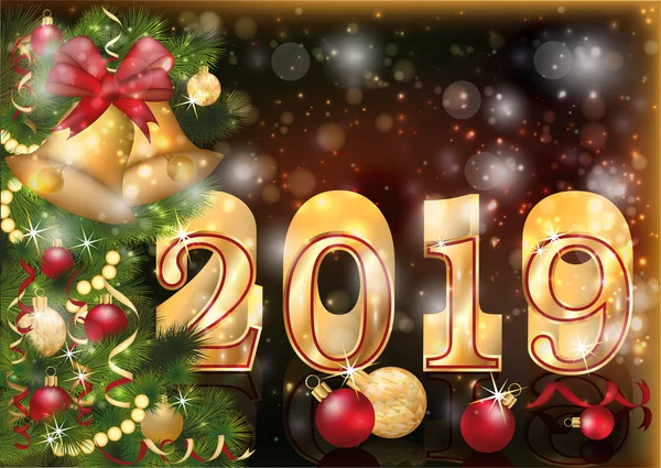Złoty Nowy Rok 2019 Boże Narodzenie Dzwony Karty Ilustracji Wektorowych — Wektor stockowy