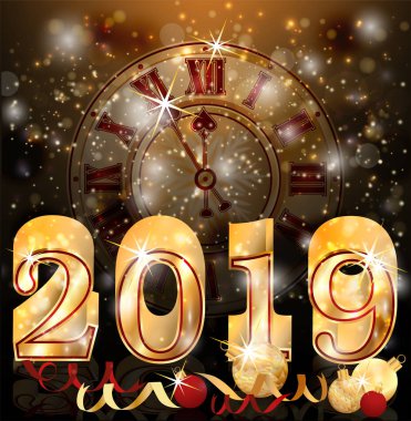 Mutlu yeni 2019 altın yıl kartı xmas saati, vektör çizim ile