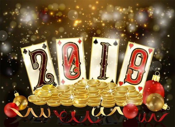 Nuovo 2019 Anno Biglietti Poker Natale Monete Oro Illustrazione Vettoriale — Vettoriale Stock