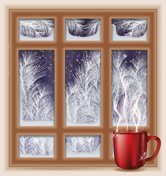 Holiday Frostat Fönster Med Kaffe Vektorillustration — Stock vektor