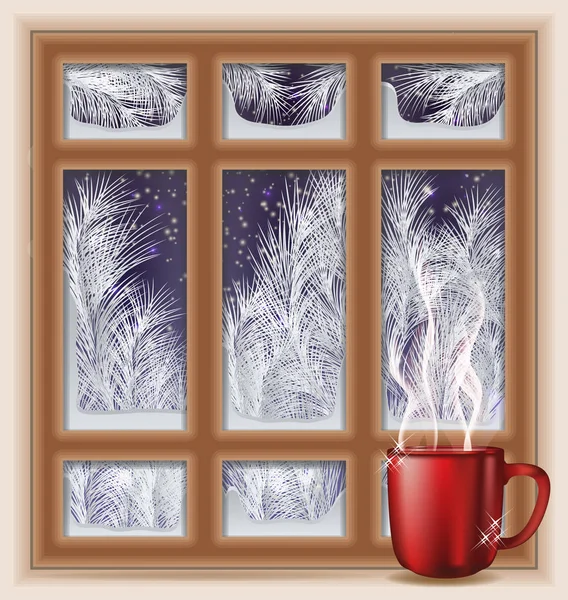 Vakantie Frosted Venster Met Koffie Vectorillustratie — Stockvector