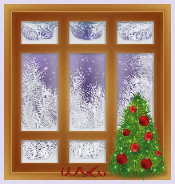 Holiday Xmas Ağacı Vektör Çizim Ile Pencere Buzlu — Stok Vektör