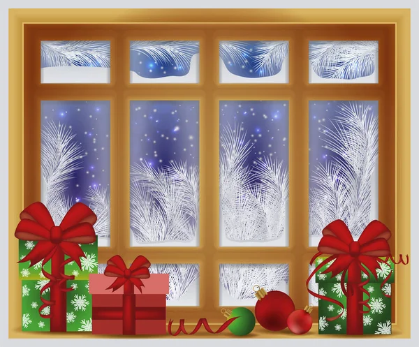 Feliz Navidad Feliz Año Nuevo Ventana Esmerilada Vector Ilustración — Archivo Imágenes Vectoriales