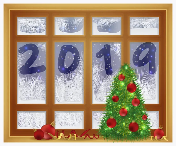 メリー クリスマス ハッピー新年の 2019年つや消しウィンドウ カード ベクトル イラスト — ストックベクタ