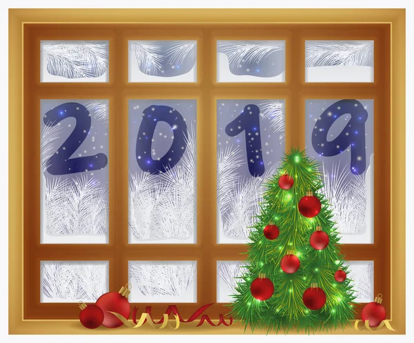 Feliz Navidad Feliz Año Nuevo 2019 Tarjeta Ventana Esmerilada Vector — Vector de stock