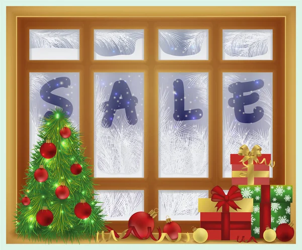 Winter Sale Time Frosted Christmas Window Greeting Card Vector Illustration — Stock Vector