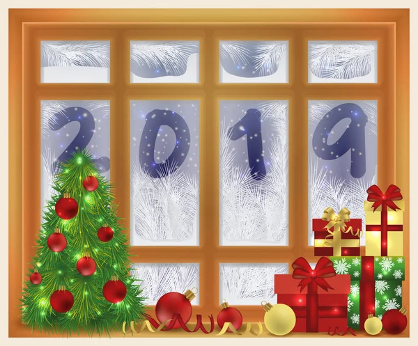 Feliz Navidad Feliz Año Nuevo 2019 Ventana Esmerilada Tarjeta Felicitación — Archivo Imágenes Vectoriales