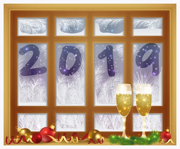 Merry Christmas Happy 2019 Nieuwjaar Frosted Venster Champagne Vectorillustratie — Stockvector