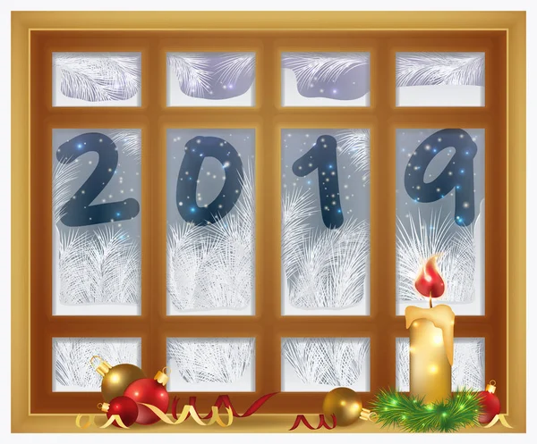 Joyeux Noël Bonne Année 2019 Fenêtre Givrée Avec Bougie Noël — Image vectorielle