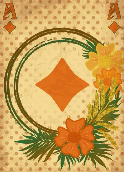 Casino Poker Vintage Diamonds Card Flowers Wheats Vector Illustration — Stock Vector
