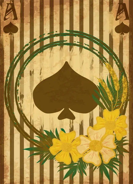 Tarjeta Picas Poker Vintage Con Flores Espigas Trigo Ilustración Vectorial — Archivo Imágenes Vectoriales