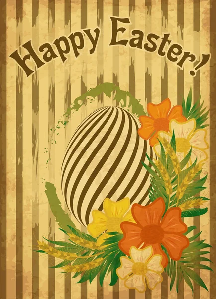 Vintage Happy Easter Greeting Card Egg Wheat Ears Vector Illustration — Stock Vector