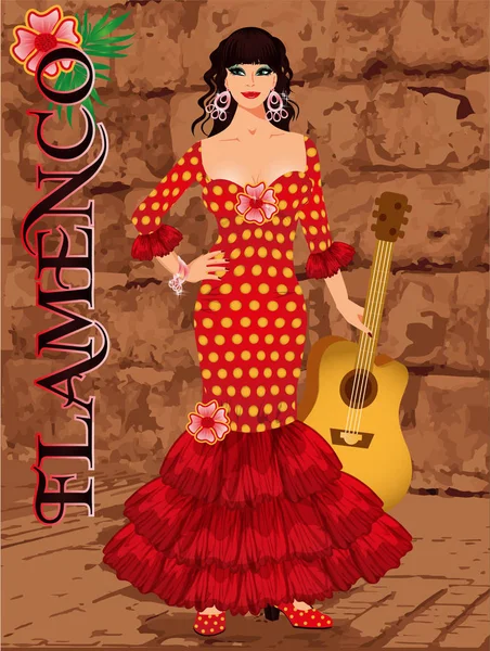 Bailarina Española Con Guitarra Tarjeta Invitación Ilustración Vectorial — Vector de stock