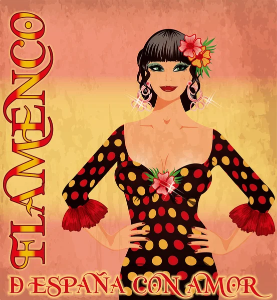Flamenca Španělsko Milovat Dívku Vintage Karty Španělskou Vlajkou Barvami Vektorové — Stockový vektor