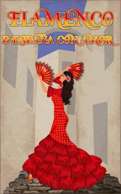 Flamenko. Sevgi ile İspanya üzerinden. Güzel İspanyol dansçı kız hayranları, vektör çizim ile