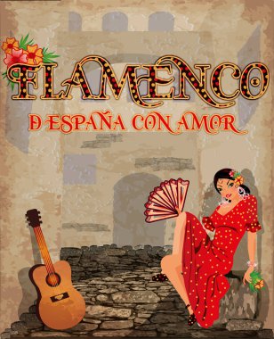 Flamenko. Sevgi ile İspanya üzerinden. İspanyol gitar ve Flamenko kız, vektör çizim ile Festival tebrik kartı