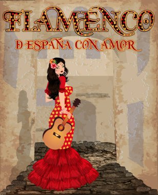 Flamenko. Sevgi ile İspanya üzerinden. İspanyol kız ve gitar, vektör çizim ile Festival kartı