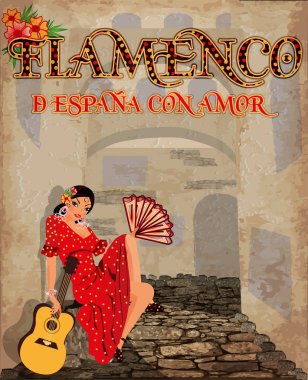 Flamenko. Sevgi ile İspanya üzerinden. İspanyol kız ve gitar, vektör çizim Davetiyeli