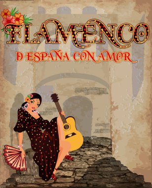 Flamenko. Sevgi ile İspanya üzerinden. İspanyol kadın ve gitar, vektör çizim ile Festival kartı