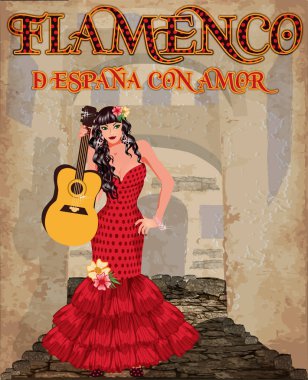 Flamenko. Sevgi ile İspanya üzerinden. İspanyolca kız gitarla, dans vektör illustratio