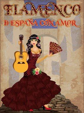 Flamenco.Translation gelen sevgi ile İspanya da. Fan ve Flamenko gitar İspanyol kızla. Tatil duvar kağıdı. vektör çizim
