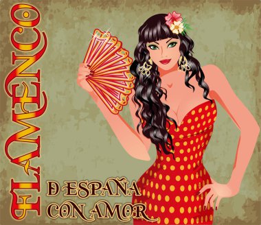 Flamenco.Translation gelen sevgi ile İspanya da. Fan zarif İspanyol kızla. Davetiye. vektör çizim