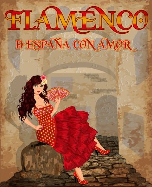 Flamenco.Translation gelen sevgi ile İspanya da. Fan İspanyol kızla. Tatil duvar kağıdı. vektör çizim