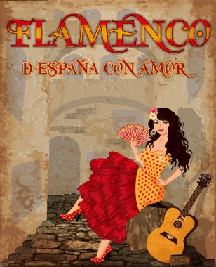 Flamenco.Translation gelen sevgi ile İspanya da. Fan ve Flamenko gitar zarif İspanyol kızla. Festival kartı. vektör çizim