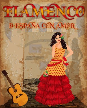 Flamenco.Translation gelen sevgi ile İspanya da. İspanyol kız ve Flamenko gitar dans. Tebrik kartı. vektör çizim