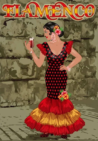 Flamenco Traduction Vient Espagne Avec Amour Elégante Fille Espagnole Avec — Image vectorielle