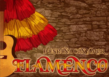 Flamenko. Gelen İspanya sevgi ile çevrilmiştir. Tebrik Halk Festivali kartı, illüstrasyon vektör