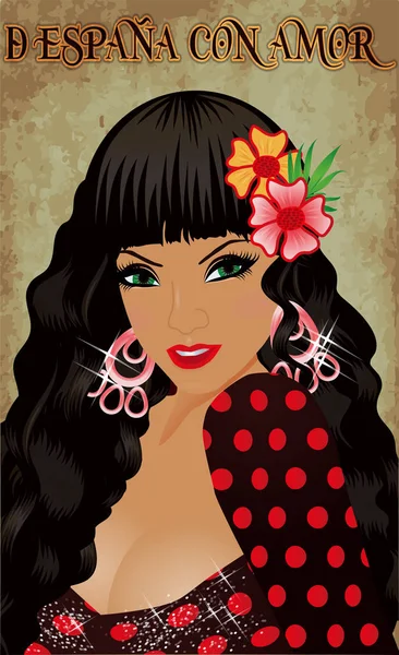 Flamenco Translation はスペインから 愛を込めて エレガントなスペインの女の子 祭のカード ベクトル図 — ストックベクタ
