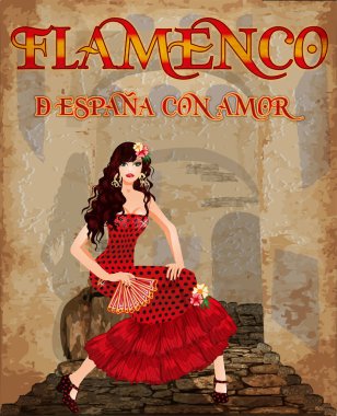 Flamenco.Translation gelen sevgi ile İspanya da. Fan zarif İspanyol kızla. Flamenko parti kartı. vektör çizim