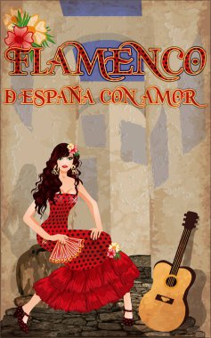 Flamenco.Translation gelen sevgi ile İspanya da. Fan İspanyol kızla. ve gitar. Flamenko parti kartı. vektör çizim