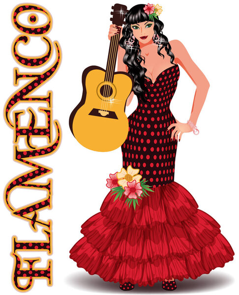 Flamenco. Elegant dancing girl with spanish guitar. vector illustration