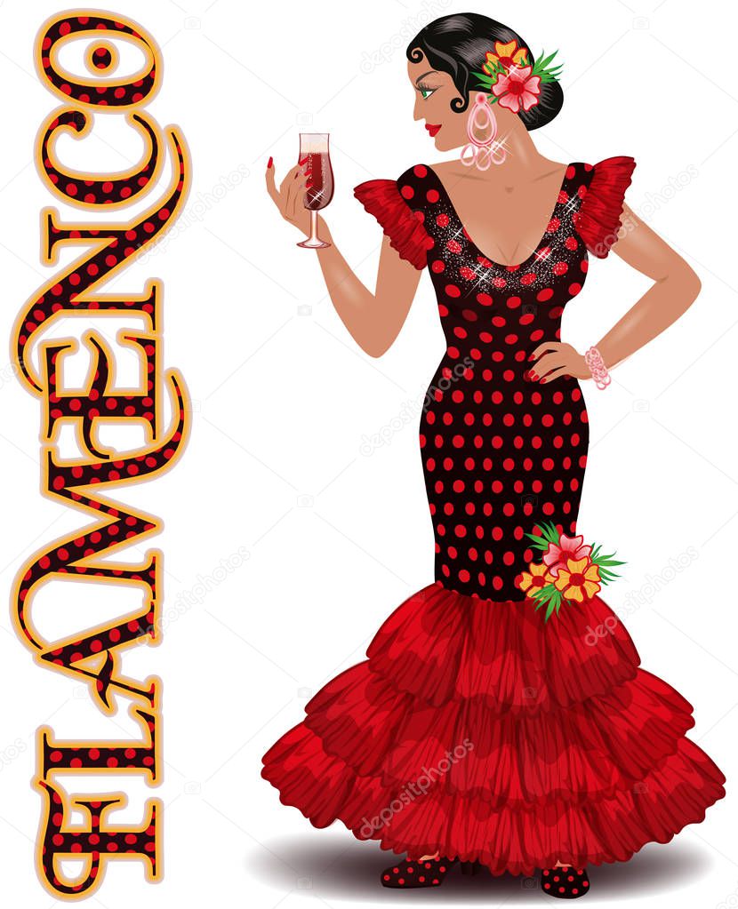 Flamenco. Spanish girl with wine glass. vector illustration