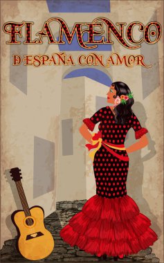 Flamenco.Translation gelen sevgi ile İspanya da. Zarif İspanyol kız ve gitar. Flamenko parti kartı. vektör çizim