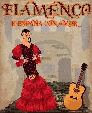 Flamenco.Translation gelen sevgi ile İspanya da. Güzel İspanyol kız ve gitar. Flamenko parti kartı. vektör çizim