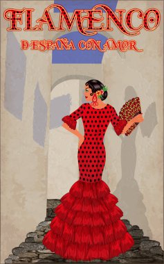 Flamenco.Translation gelen sevgi ile İspanya da. Fan İspanyol kızla. Flamenko parti kartı. vektör çizim