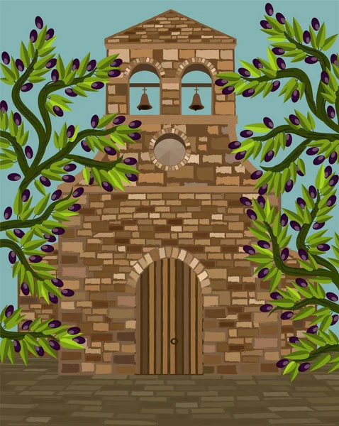 Iglesia Medieval Española Estilo Románico Olivo Ilustración Vectorial — Vector de stock