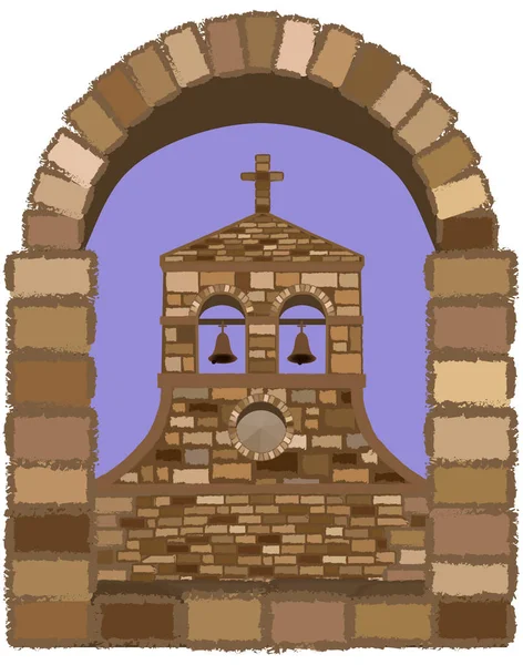 Vista Desde Ventana Piedra Arqueada Iglesia Medieval Estilo Románico Ilustración — Archivo Imágenes Vectoriales